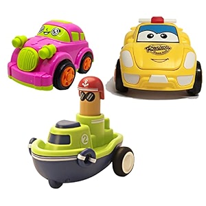jo baby unbreakable four-wheel drive friction powered diecast car robot car amp push and go boat toy set pack of 3