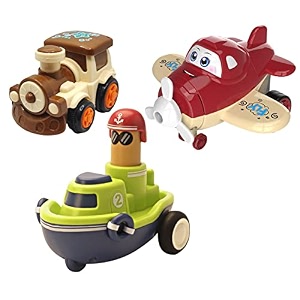 jo baby unbreakable four-wheel drive friction powered diecast train cartoon plane amp push and go boat toy set pack of 3