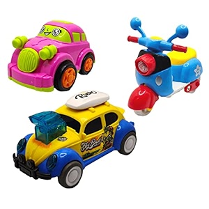 jo baby unbreakable four-wheel drive friction powered diecast car scooter amp dancing car yellow toy set pack of 3