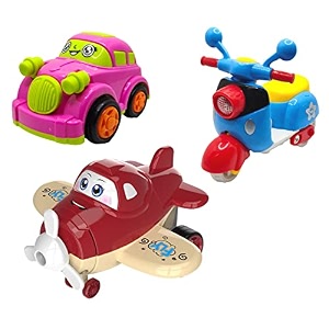 jo baby unbreakable four-wheel drive friction powered diecast car scooter amp cartoon plane toy set pack of 3