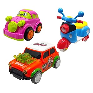 jo baby unbreakable four-wheel drive friction powered diecast car scooter amp dancing car orange toy set pack of 3