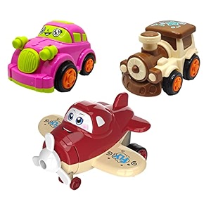 jo baby unbreakable four-wheel drive friction powered diecast car train amp cartoon plane toy set pack of 3