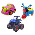 Jo Baby Unbreakable Four-Wheel Drive Friction Powered Diecast Car, Scooter &amp; Monster Tractor Toy Set (Pack of 3)