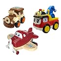 Jo Baby Unbreakable Four-Wheel Drive Friction Powered Diecast Train, Crane &amp; Cartoon Plane Toy Set (Pack of 3)