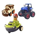 Jo Baby Unbreakable Four-Wheel Drive Friction Powered Diecast Train, Monster Tractor &amp; Push and Go Boat Toy Set (Pack of 3)