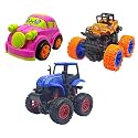 Jo Baby Unbreakable Four-Wheel Drive Friction Powered Diecast Car, Monster Car &amp; Monster Tractor Toy Set (Pack of 3)