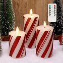 JOIONE Candy Cane Christmas Flameless Pillar Candles with Remote Set of 3