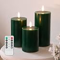JOIONE Green Flameless Pillar Candles with Remote, 3 Pack Christmas Decor