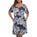 JollieLovin Womens Plus Size Short Sleeve Cold Shoulder V Neck T-Shirt Dress with Pockets