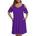JollieLovin Womens Plus Size Short Sleeve Cold Shoulder V Neck T-Shirt Dress with Pockets