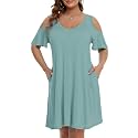 JollieLovin Womens Plus Size Short Sleeve Cold Shoulder V Neck T-Shirt Dress with Pockets