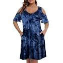 JollieLovin Womens Plus Size Short Sleeve Cold Shoulder V Neck T-Shirt Dress with Pockets