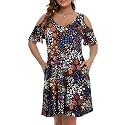 JollieLovin Womens Plus Size Short Sleeve Cold Shoulder V Neck T-Shirt Dress with Pockets