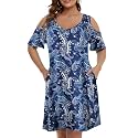 JollieLovin Womens Plus Size Short Sleeve Cold Shoulder V Neck T-Shirt Dress with Pockets