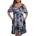 JollieLovin Womens Plus Size Short Sleeve Cold Shoulder V Neck T-Shirt Dress with Pockets