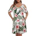 JollieLovin Womens Plus Size Short Sleeve Cold Shoulder V Neck T-Shirt Dress with Pockets