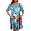 JollieLovin Womens Plus Size Short Sleeve Cold Shoulder V Neck T-Shirt Dress with Pockets