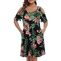 JollieLovin Womens Plus Size Short Sleeve Cold Shoulder V Neck T-Shirt Dress with Pockets
