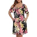 JollieLovin Womens Plus Size Short Sleeve Cold Shoulder V Neck T-Shirt Dress with Pockets