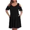 JollieLovin Womens Plus Size Short Sleeve Cold Shoulder V Neck T-Shirt Dress with Pockets