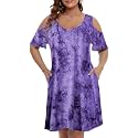 JollieLovin Womens Plus Size Short Sleeve Cold Shoulder V Neck T-Shirt Dress with Pockets