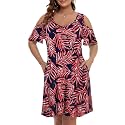 JollieLovin Womens Plus Size Short Sleeve Cold Shoulder V Neck T-Shirt Dress with Pockets