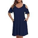 JollieLovin Womens Plus Size Short Sleeve Cold Shoulder V Neck T-Shirt Dress with Pockets