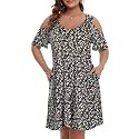 JollieLovin Womens Plus Size Short Sleeve Cold Shoulder V Neck T-Shirt Dress with Pockets
