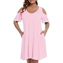 JollieLovin Womens Plus Size Short Sleeve Cold Shoulder V Neck T-Shirt Dress with Pockets
