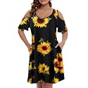 JollieLovin Womens Plus Size Short Sleeve Cold Shoulder V Neck T-Shirt Dress with Pockets