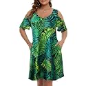 JollieLovin Womens Plus Size Short Sleeve Cold Shoulder V Neck T-Shirt Dress with Pockets