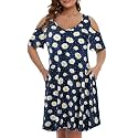 JollieLovin Womens Plus Size Short Sleeve Cold Shoulder V Neck T-Shirt Dress with Pockets