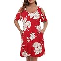 JollieLovin Womens Plus Size Short Sleeve Cold Shoulder V Neck T-Shirt Dress with Pockets