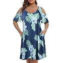 JollieLovin Womens Plus Size Short Sleeve Cold Shoulder V Neck T-Shirt Dress with Pockets