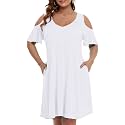 JollieLovin Womens Plus Size Short Sleeve Cold Shoulder V Neck T-Shirt Dress with Pockets