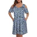 JollieLovin Womens Plus Size Short Sleeve Cold Shoulder V Neck T-Shirt Dress with Pockets