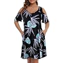 JollieLovin Womens Plus Size Short Sleeve Cold Shoulder V Neck T-Shirt Dress with Pockets