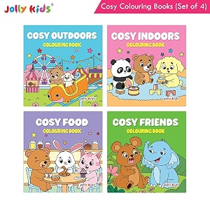 jolly kids cosy colouring books set of 4 for kids  adorable animal friends food indoor and outdoor adventures  creative screen-free fun
