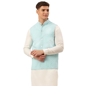 Jompers Mens Embroidered Woven Pure Cotton Nehru
