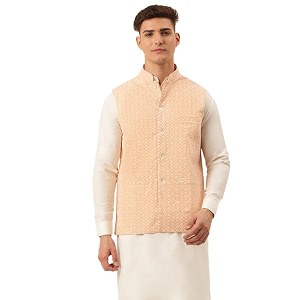 Jompers Mens Embroidered Woven Pure Cotton Nehru