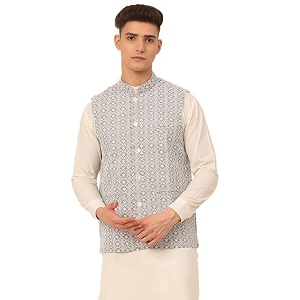 Jompers Mens Embroidered Woven Pure Cotton Nehru