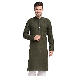 Jompers Men Green Ethnic Embroidered Pure Cotton