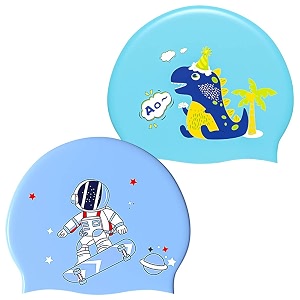2 pack silicone swimming cap for kids waterproof bathing cap for children cartooon astronaut unicorn pattern swimming cap for boys and girls aged 5-12