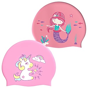 2 pack silicone swimming cap for kids waterproof bathing cap for children cartooon mermaid unicorn pattern swimming cap for boys and girls aged 5-12color9