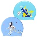 2 Pack Silicone Swimming Cap for Kids Waterproof Bathing Cap for Children Cartooon Astronaut Unicorn Pattern Swimming Cap for Boys and Girls Aged 5-12