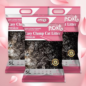 joshmatic 5l cat litter pack of 3  baby powder easy clump bentonite with activated carbon odor control 90 dust-free antibacterial multi-cat super absorbent non-toxic fast clumping litter