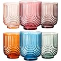 JOVGANK Colored Vintage Drinking Glasses Set of 6-14Oz Colorful Drinking Glasses, Art Deco Ripple Highball Glass, Whiskey Cocktail Glasses, for Bar Coffee Juice, Housewarming Gift