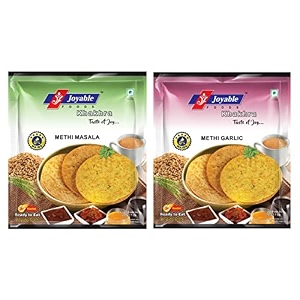 joyable khakhra 2 flavor combo  healthy traditional gujarati snacks  ready to use methi masala garlic methi - pack of 6 180 gm each