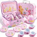 JOYIN Fairy Blossom Tea Party Set for Little Girls, Pretend Pink Tin Teapot Set, Princess Tea Time Play Kitchen Toy with Teapot, Cup, Plate, Carrying Case for Kids Age 3 4 5 6