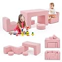 JOYMOR Modular Kids Play Couch, 6PCS Convertible Corduroy Foam Sofa Set, DIY Building Fort for Toddlers, Soft Kids Furniture for Playroom, Bedroom, Gift for Boys &amp; Girls, Pink